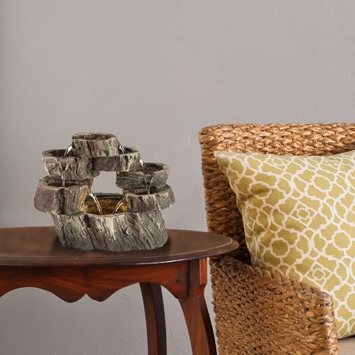 Alpine Corporation WIN1134 10 Indoor Tabletop Tiered Tree Trunk Waterfall Fountain with LED Lights - Rustic Cascading Water Feat